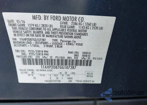 2016 Ford Taurus Se from USA, damaged, VIN 1FAHP2D87GG107287